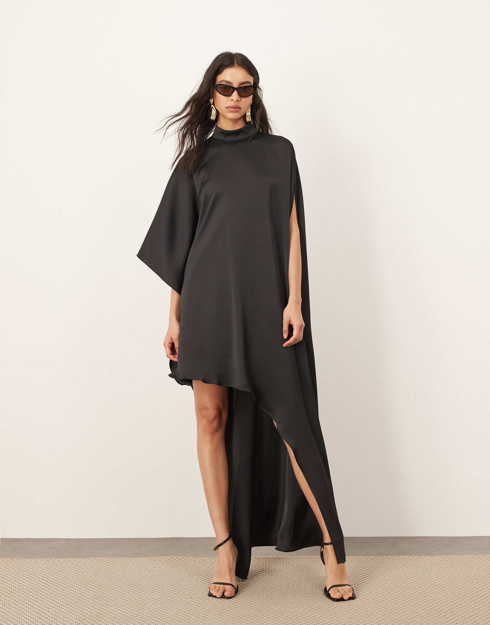 arrange high neck cape sleeve mini dress with asymmetric hem in black