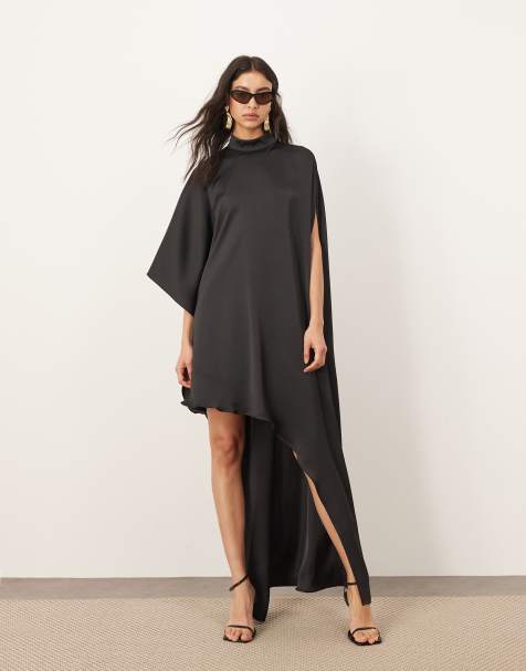 ARRANGE high neck cape sleeve mini dress with asymmetric hem in black