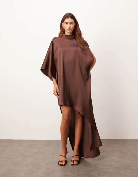 ARRANGE  high neck cape sleeve mini dress with asymmetric hem in chocolate - view 1