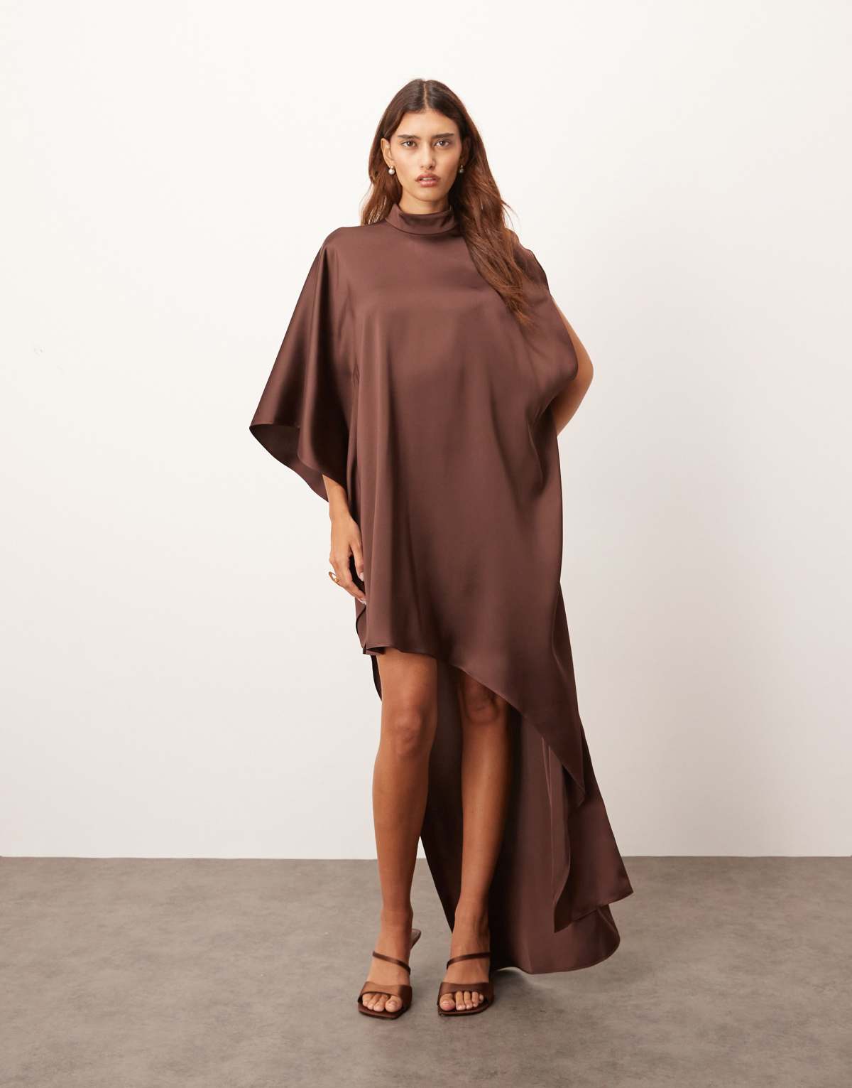 ARRANGE  high neck cape sleeve mini dress with asymmetric hem in chocolate