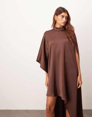 Arrange High Neck Cape Sleeves Mini Dress With Asymmetric Hem In Brown