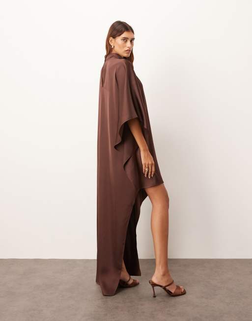 ARRANGE high neck cape sleeves mini dress with asymmetric hem in chocolate
