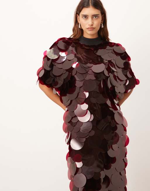 ARRANGE high neck paillette sequined fringe hem maxi dress in merlot