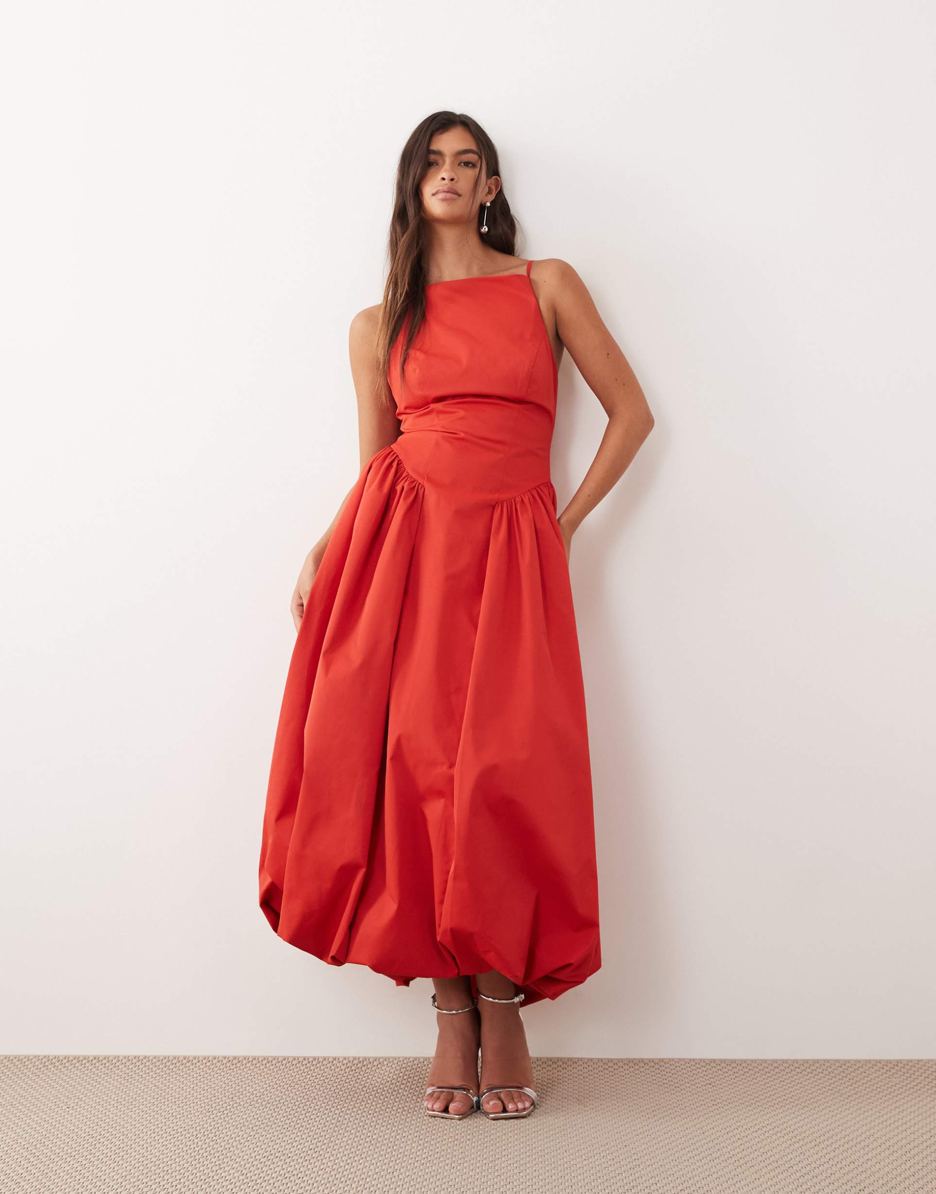 arrange high neck drop waist midi dress with bubble hem in red