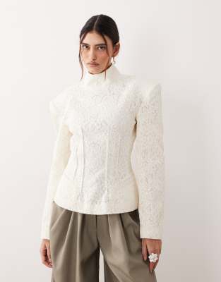 ARRANGE high neck lace cinched long sleeve top in cream