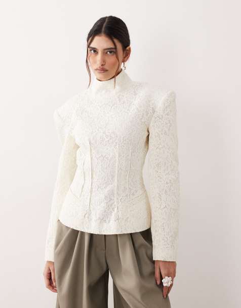 ARRANGE high neck lace cinched long sleeve top in cream - view 1