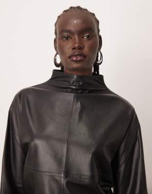 Arrange High Neck Leather Curved Top In Black