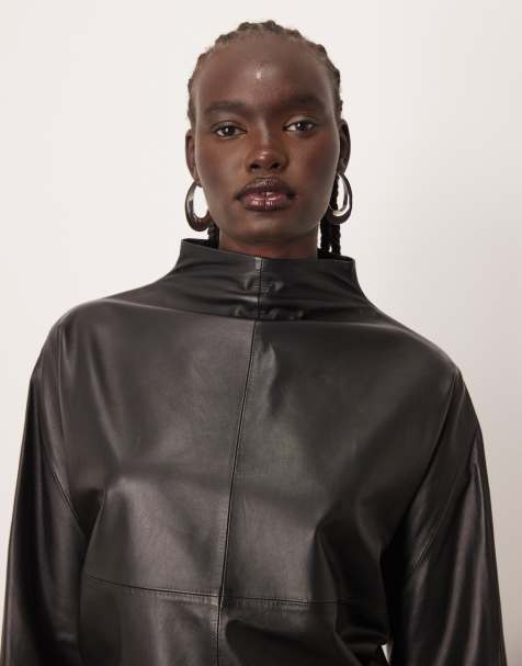 ARRANGE high neck leather curved top in black - view 1