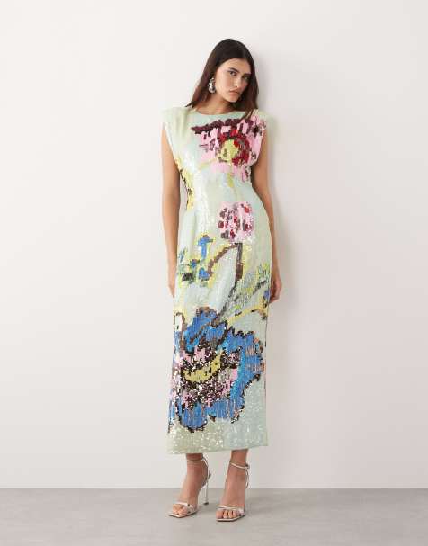 ARRANGE high neck printed sequin maxi dress in blue floral print - view 1