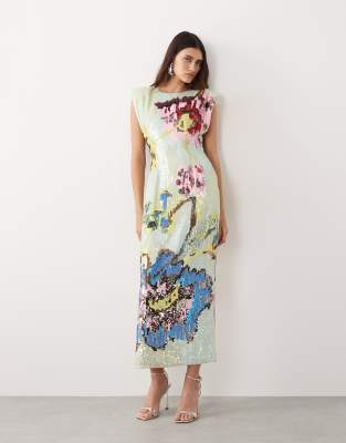 Arrange High Neck Printed Sequined Maxi Dress In Multi