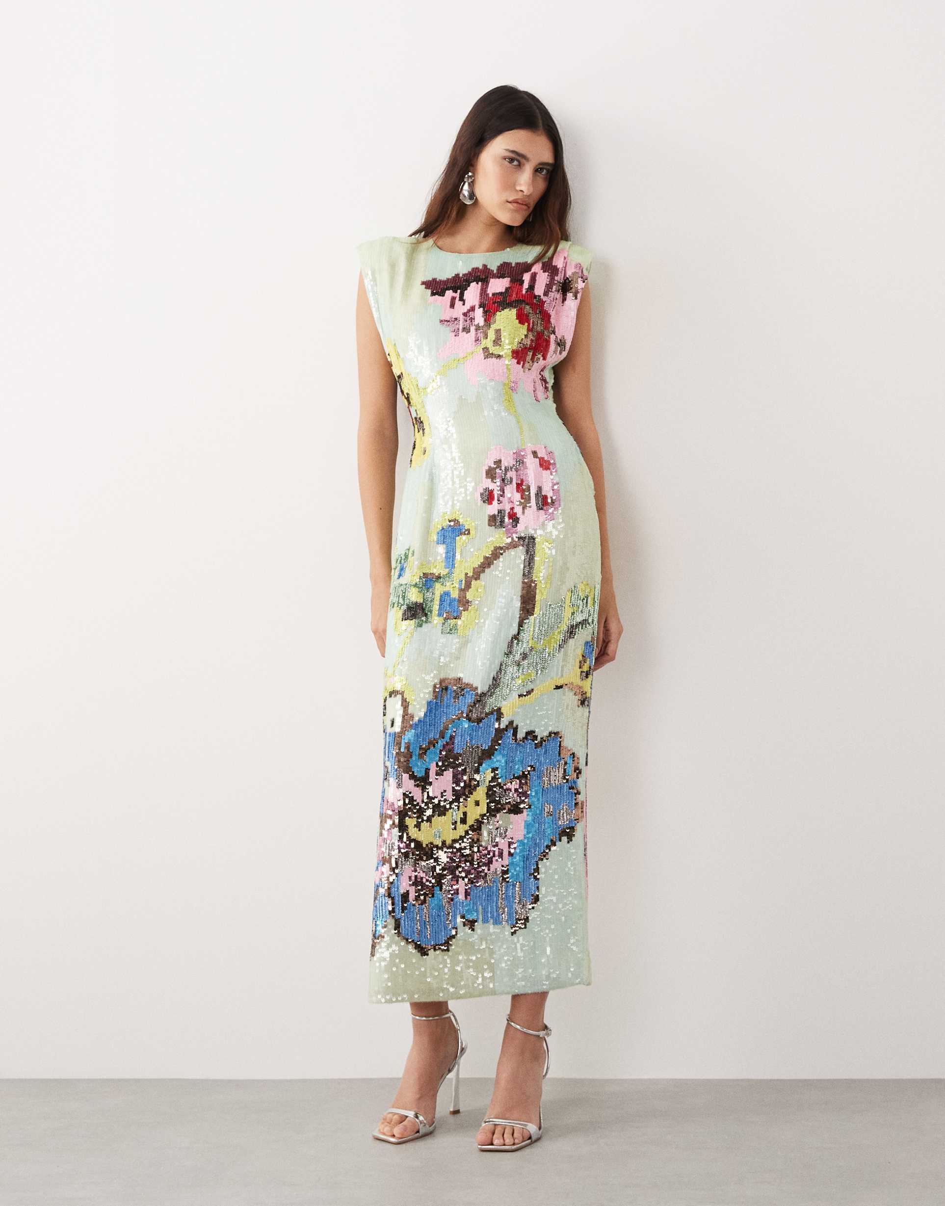 arrange high neck printed sequined maxi dress in blue floral print