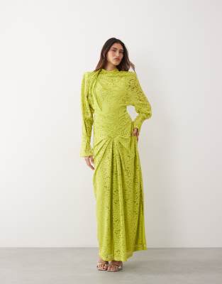 high neck ruched cinched waist lace maxi dress in lime green