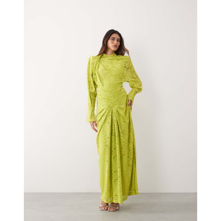 lace ruched long sleeve dress in yellow YVETTE LACE LONG SLEEVE RUCHED MINI DRESS