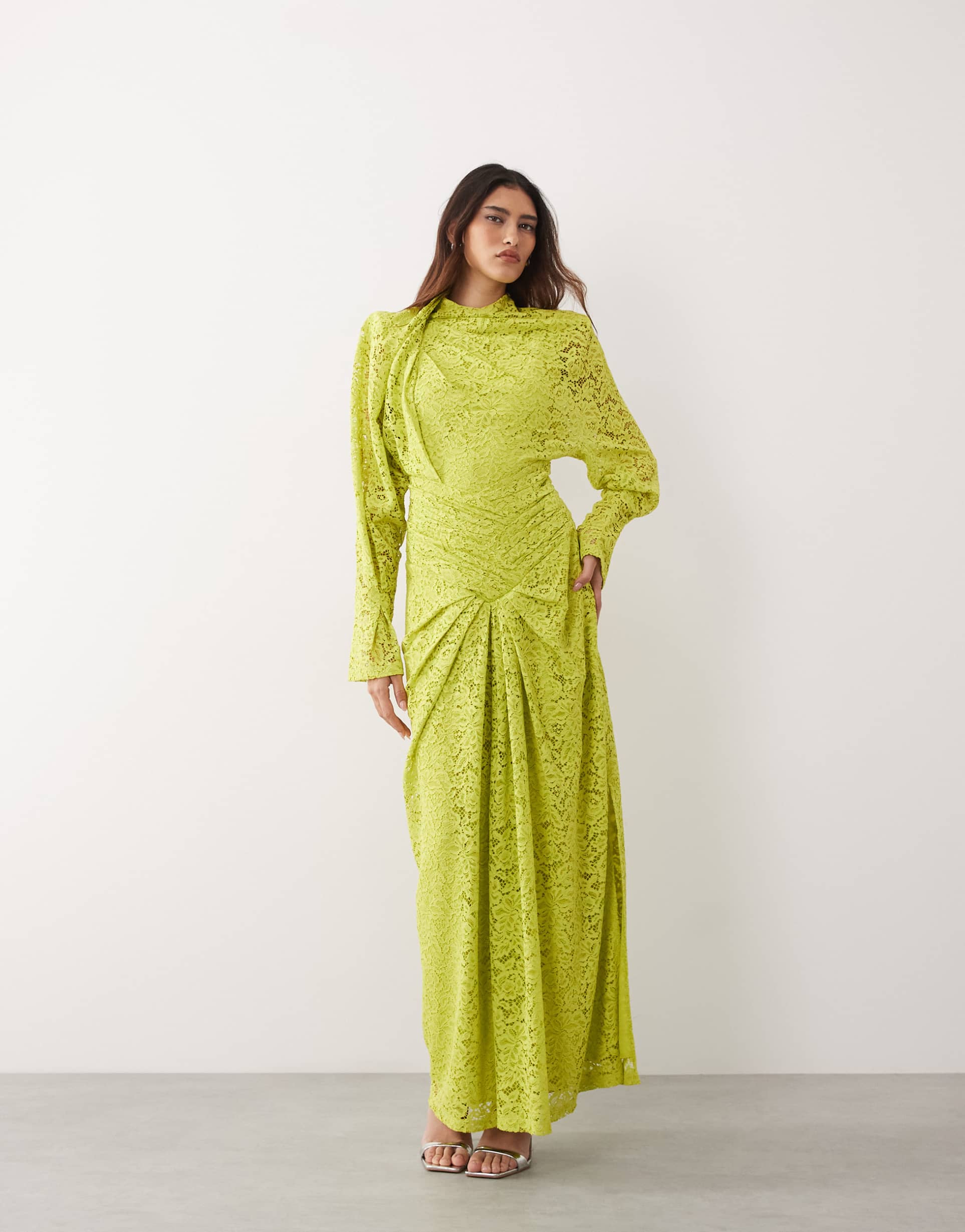 arrange high neck ruched cinched waist lace maxi dress in lime green
