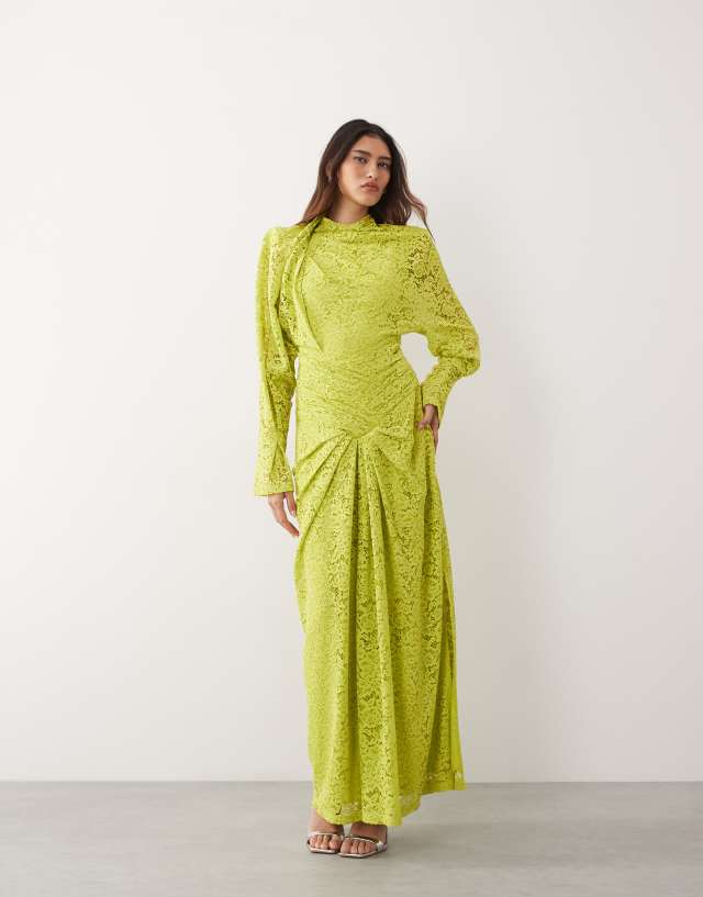 lime green ruched dress ARRANGE high neck cinched waist lace maxi in length:MINI