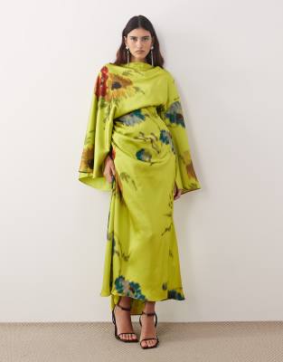 ARRANGE high neck satin long sleeve maxi dress in blurred floral