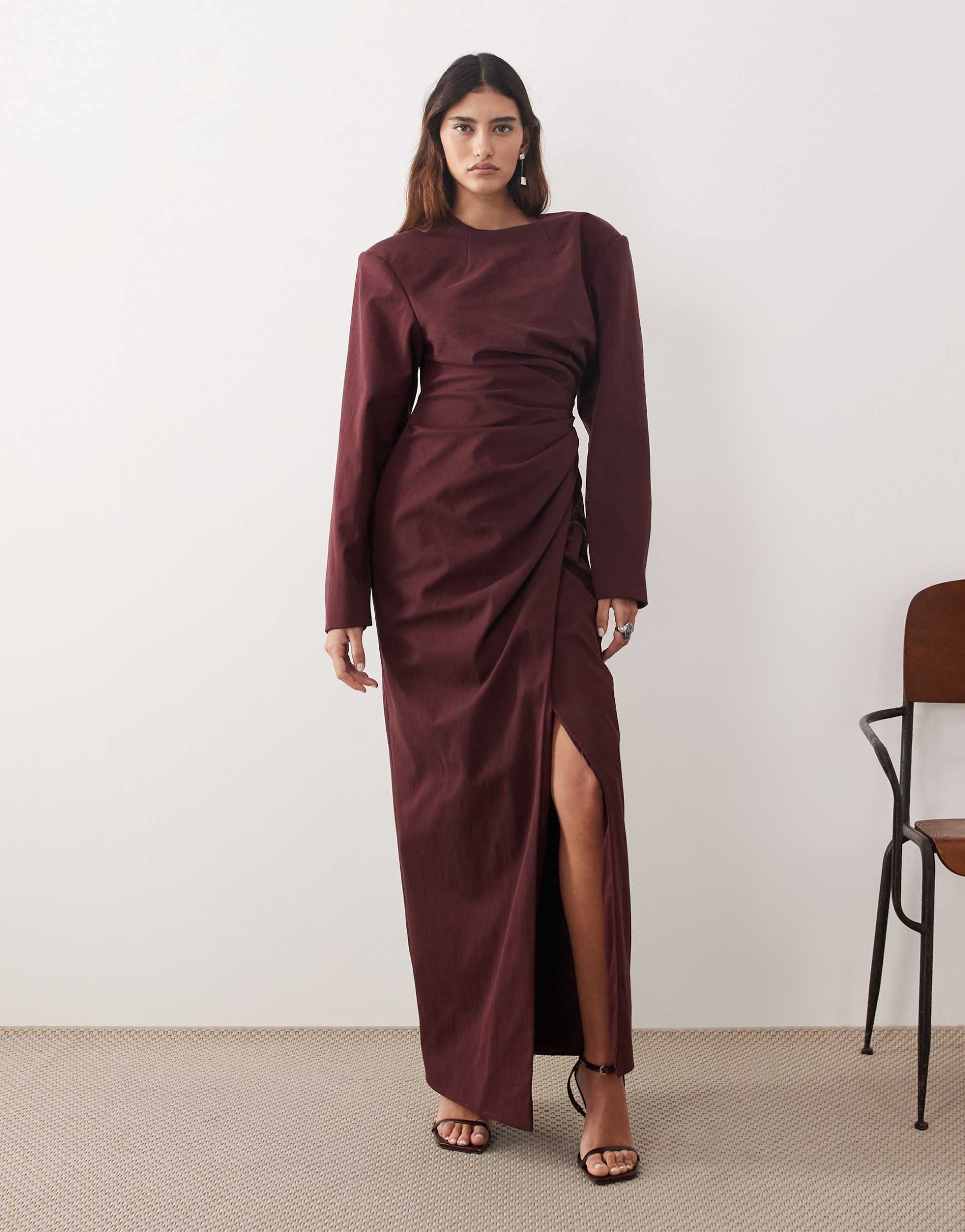 arrange high neck shoulder pad pleated waist maxi dress in berry