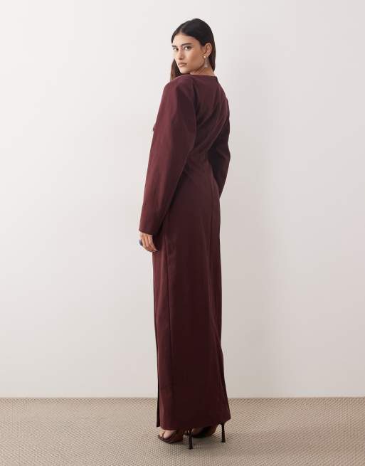ARRANGE high neck shoulder pad pleated waist maxi dress in berry, 4 of 4