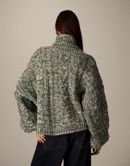 ARRANGE high neck twist yarn cable jumper in green and cream, 4 of 4