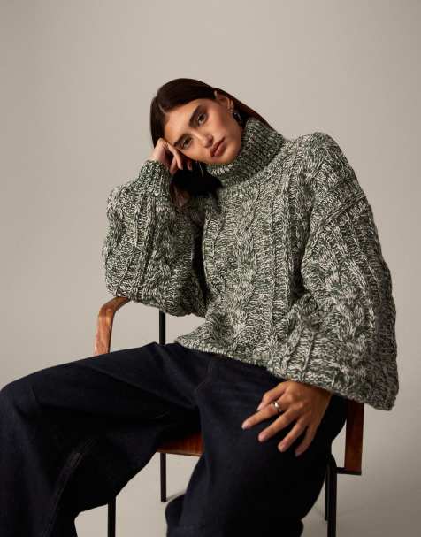 ARRANGE high neck twisted yarn cable sweater in green and cream - view 1