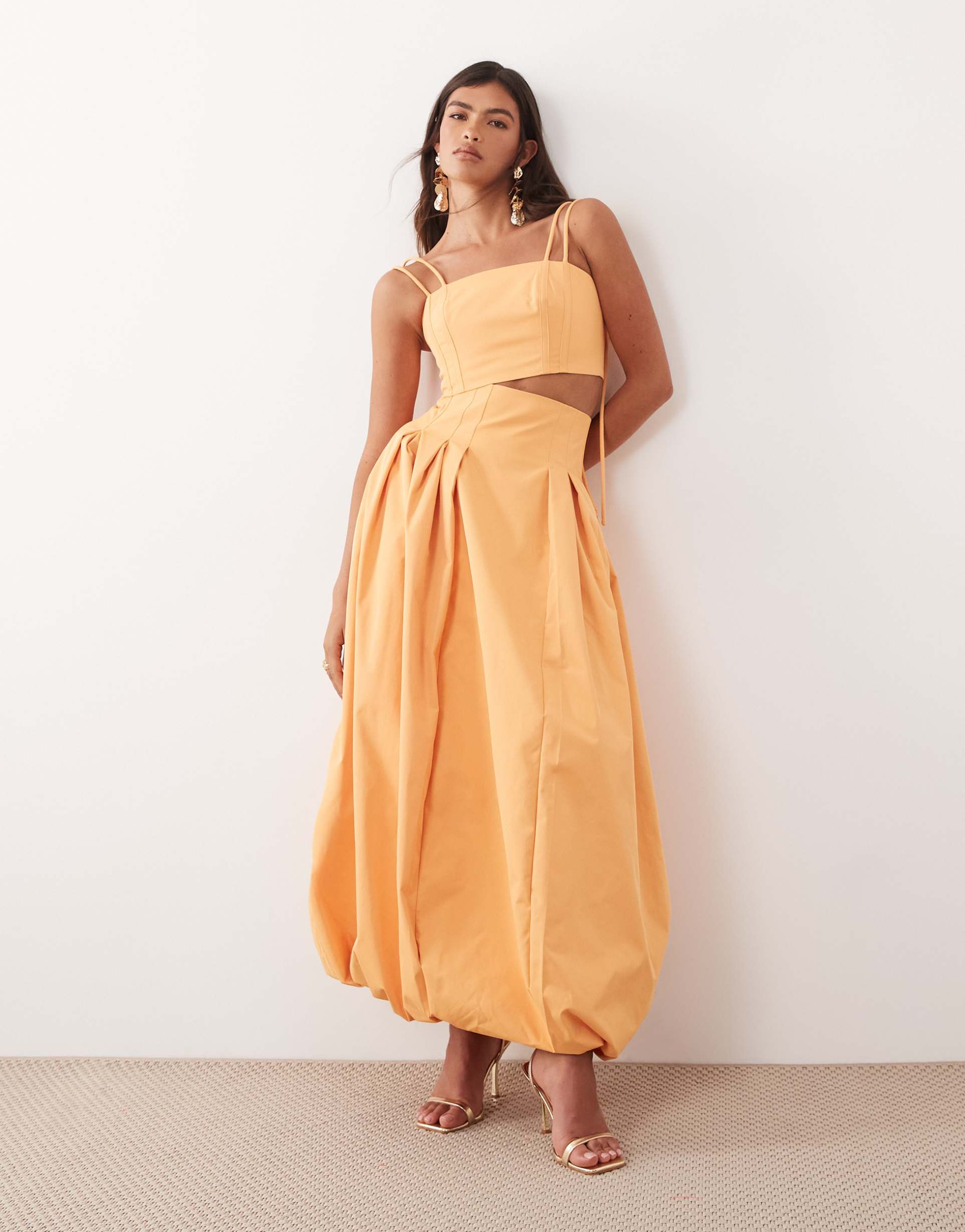 arrange high waisted bubble midi skirt in orange - part of a set