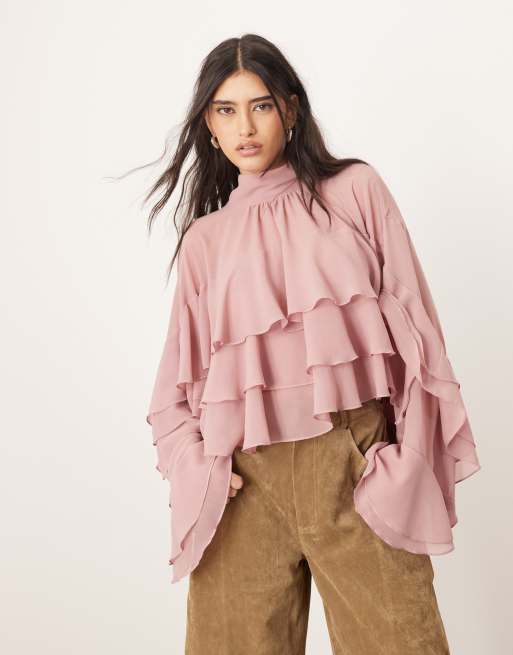 ARRANGE – Hochgeschlossene Bluse aus Chiffon in Staubrosa mit markanten Rüschen, 4 von 4