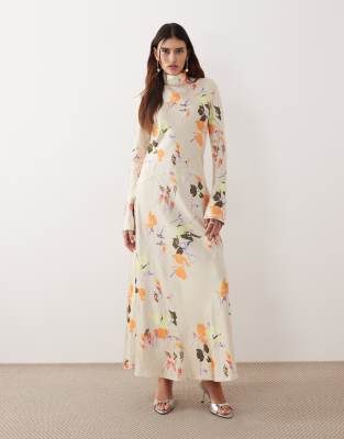 ARRANGE - Hochgeschlossenes Satin-Maxikleid mit Blumenmuster und Einsätzen-Bunt