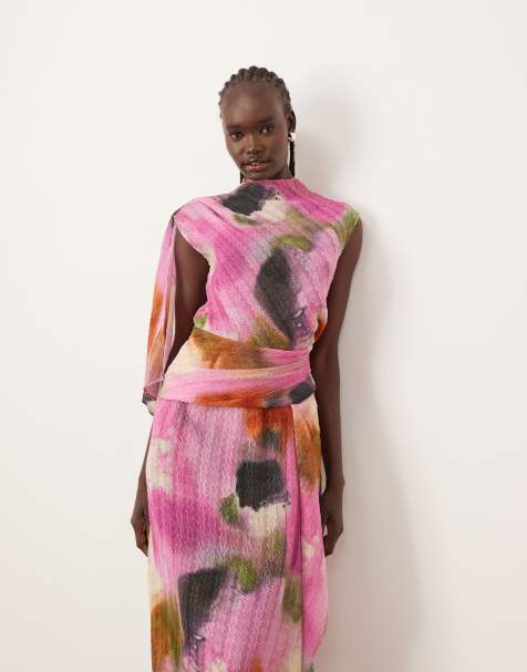 ARRANGE – Hochgeschlossenes, transparentes Plissee-Midikleid mit Aquarell-Print und drapiertem Detail - view 1
