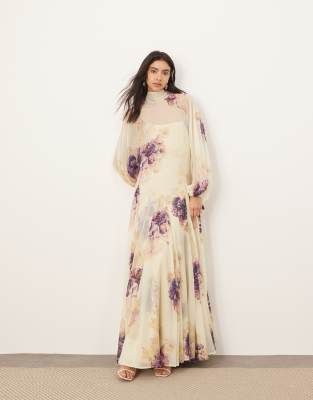 ARRANGE - Hochgeschlossenes Trapez-Maxikleid mit Blumenmuster in gemalter Optik-Bunt