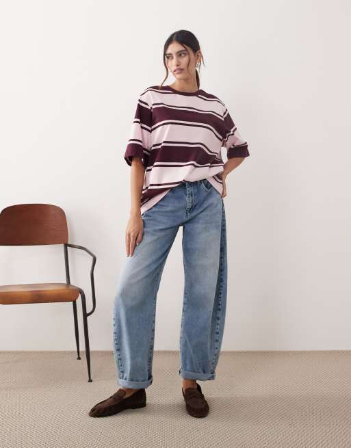 ARRANGE – Hochwertiges, schweres Oversize-T-Shirt in Rosa und Burgunderrot gestreift, 2 von 4