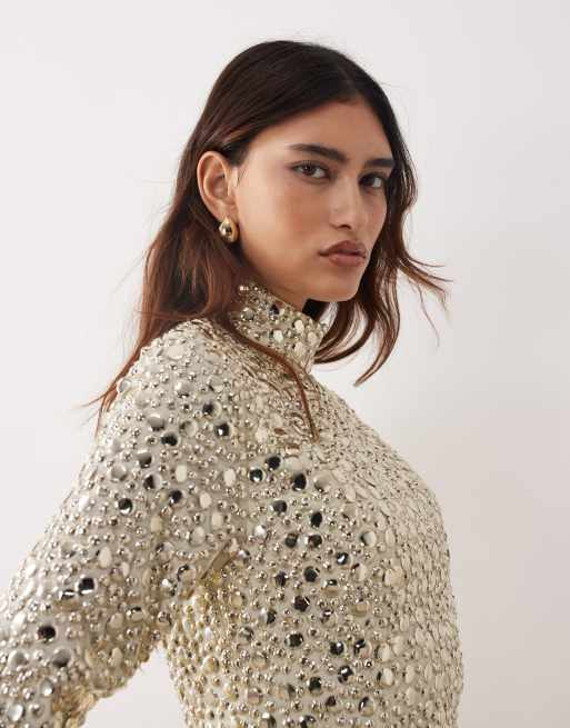 ARRANGE - Hoogsluitende maxi jurk met textuur, lovertjes en lange mouwen in lichtgeel, 3 van 4