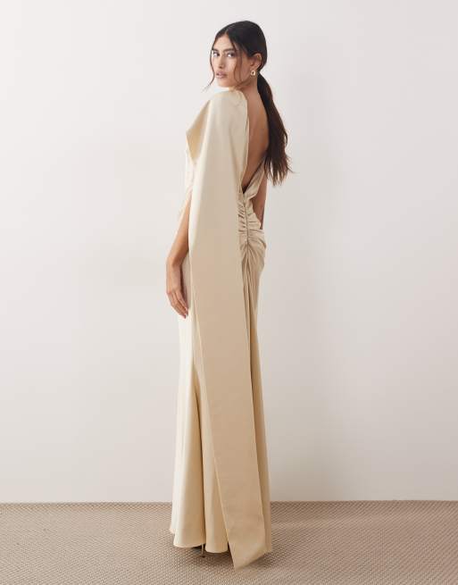 ARRANGE - Hoogsluitende maxi jurk van satijn met geplooide taille en gedrapeerde achterkant in champagnekleur, 4 van 4