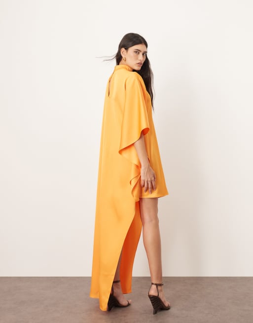ARRANGE - Hoogsluitende mini-jurk met capemouwen en asymmetrische zoom in abrikoos, 4 van 4