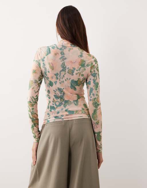 ARRANGE - Hoogsluitende top van premium mesh met abstracte bloemenprint en lange mouwen in roze, 4 van 4