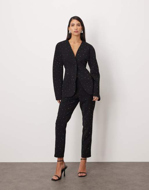 ARRANGE hot fix tailored ovoid sleeve blazer and pants set in black