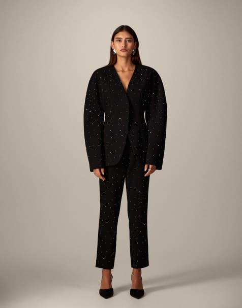 ARRANGE hot fix tailored ovoid sleeve blazer and pants set in black - view 1