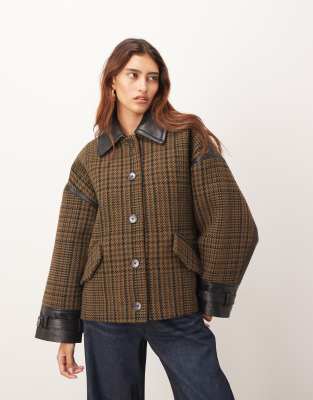ARRANGE ARRANGE houndstooth brushed wool blend coat with leather detail in brown