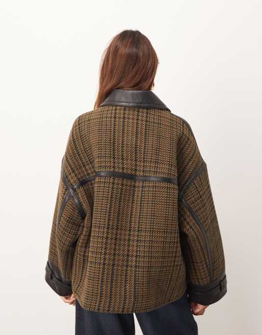 ARRANGE houndstooth brushed wool blend coat with leather detail in