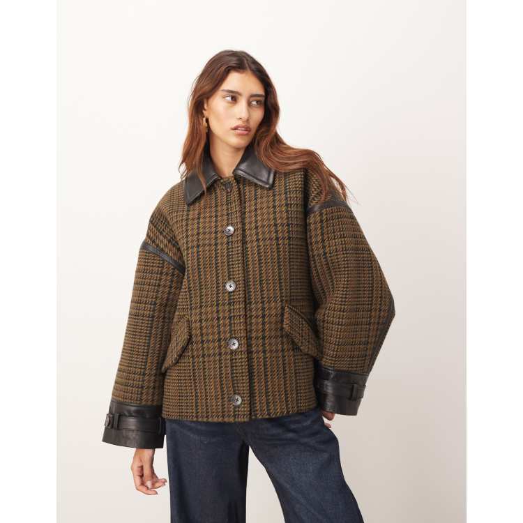 ARRANGE houndstooth brushed wool blend coat with leather detailing