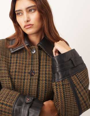 Arrange Houndstooth Brushed Wool Blend Coat With Leather Detailing In Brown
