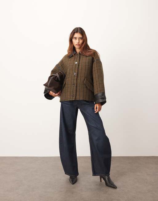 ARRANGE houndstooth brushed wool blend coat with leather detailing in brown