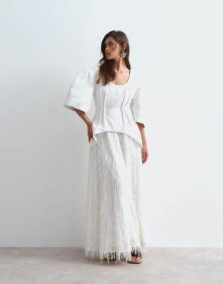Arrange Hybrid Dome Sleeve Fringe Skirt Midaxi Dress In White