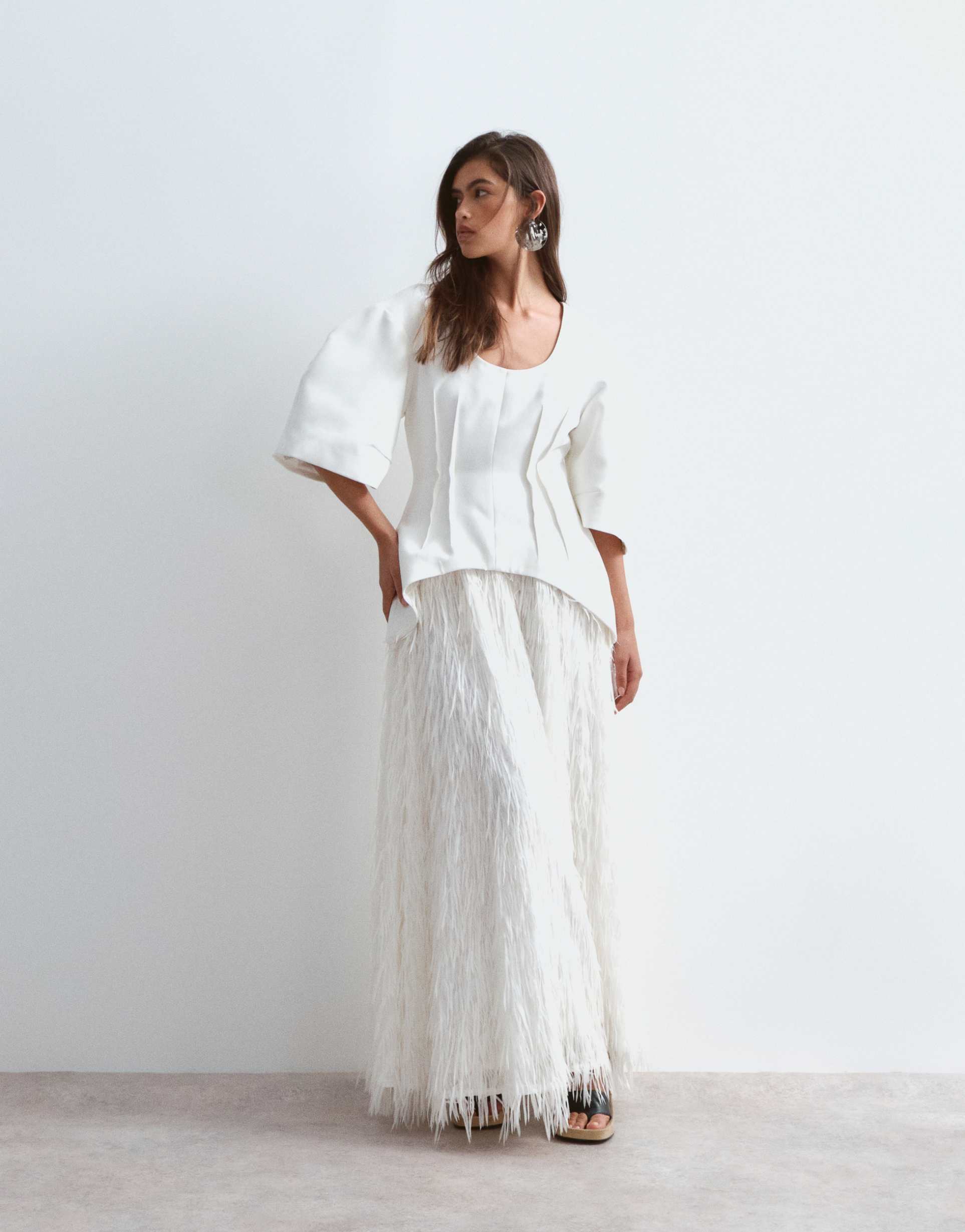 arrange hybrid dome sleeve fringe skirt midaxi dress in white