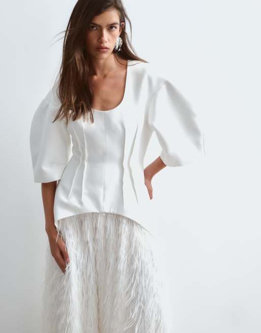 ARRANGE hybrid dome sleeve fringe skirt midaxi dress in white, 3 of 4