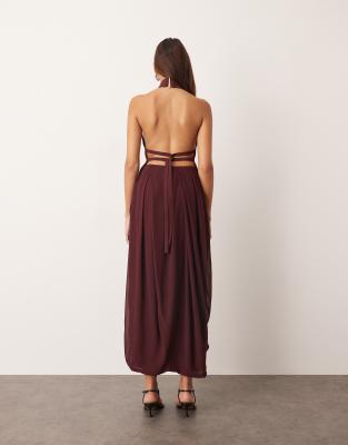 Arrange Hybrid Halter Drape Hem Midaxi Dress With Open Back In Red