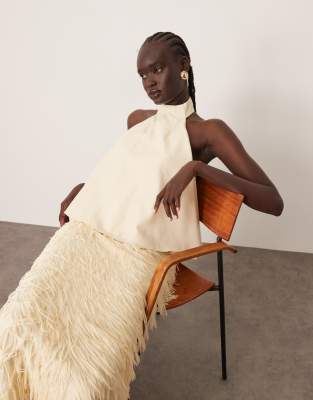 Arrange Hybrid Halter Trapeze Fringe Skirt Maxi Dress In Neutral