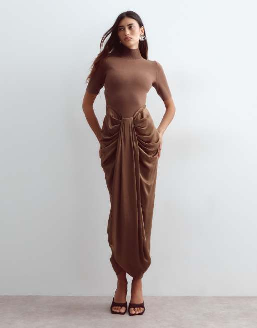 ARRANGE hybrid knit bodice with draped satin skirt midaxi dress in chocolate, 2 of 4