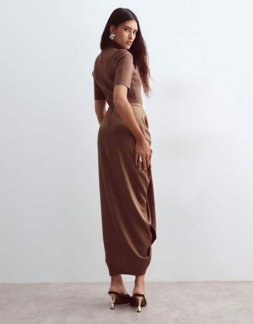 ARRANGE hybrid knit bodice with draped satin skirt midaxi dress in chocolate, 3 of 4