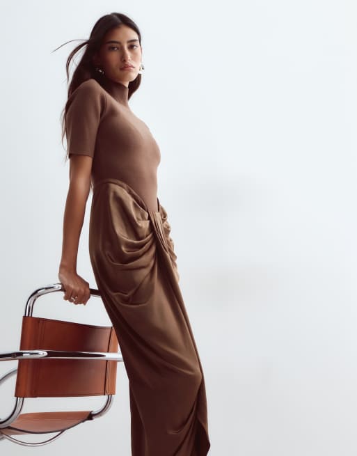 ARRANGE hybrid knit bodice with draped satin skirt midaxi dress in chocolate, 4 of 4