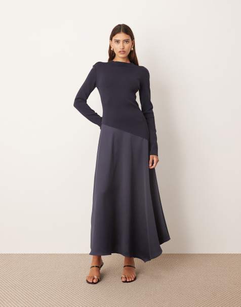 ARRANGE hybrid knit maxi dress with asymmetric skirt in navy - view 1